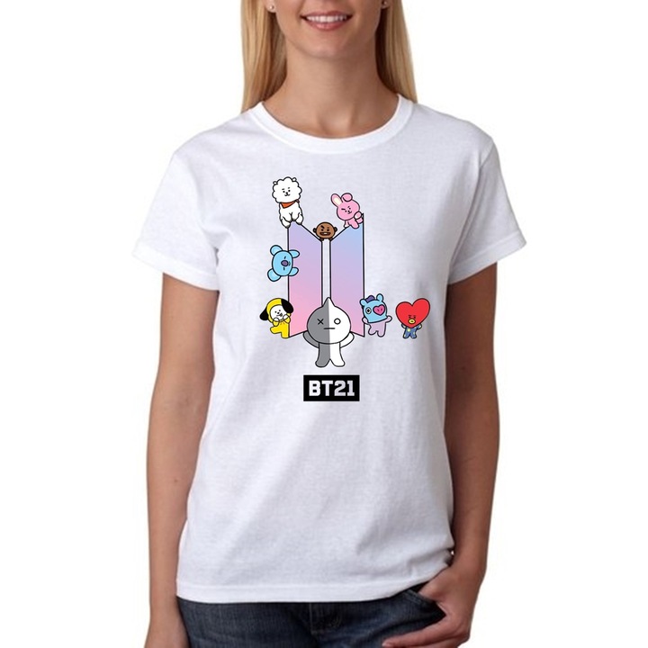 Tricou personalizat dama bt21 logo bts kpop, alb, L