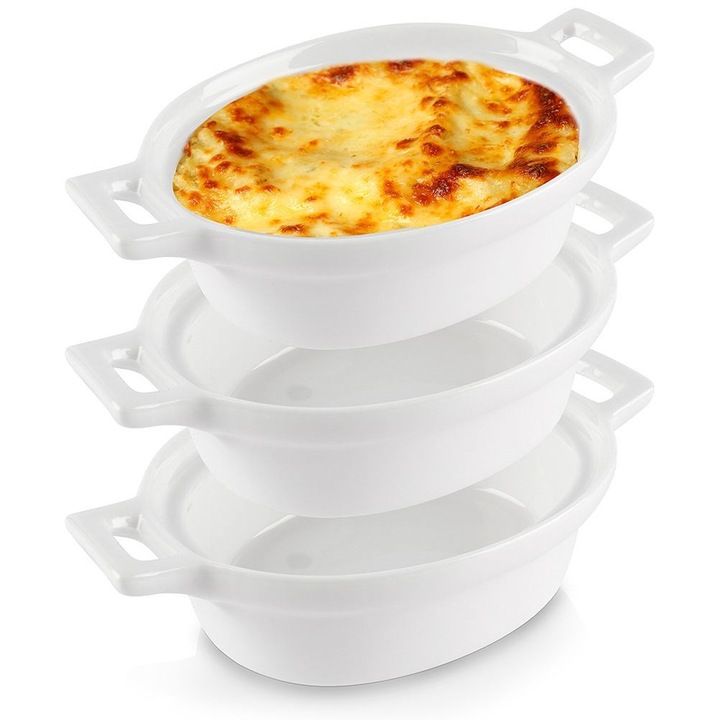 Комплект от 3 купи, Excellent Houseware, 120 мл, овални, керамични, бели