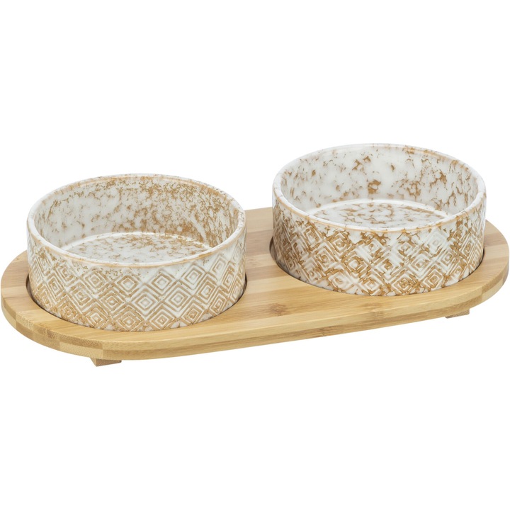 Trixie 2 darab Kerámia Tál Bambusz Tartóval, 2x0.8 l/Ø 16 cm/39x8x20 cm, Fehér/Világosbarna, 24829