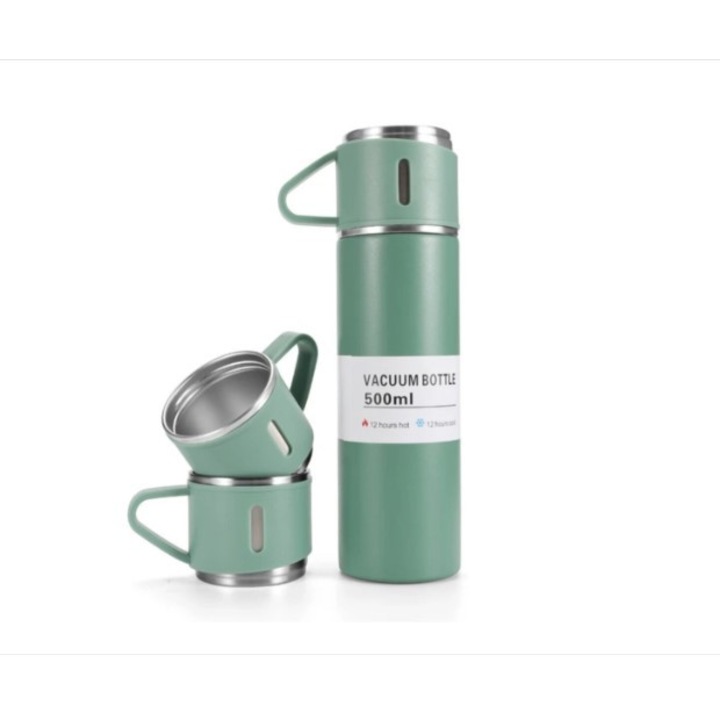 Set Termos Ecologic Inox perete dublu, durabilitate 12h, 500 ml + 3 cesti x 150ml