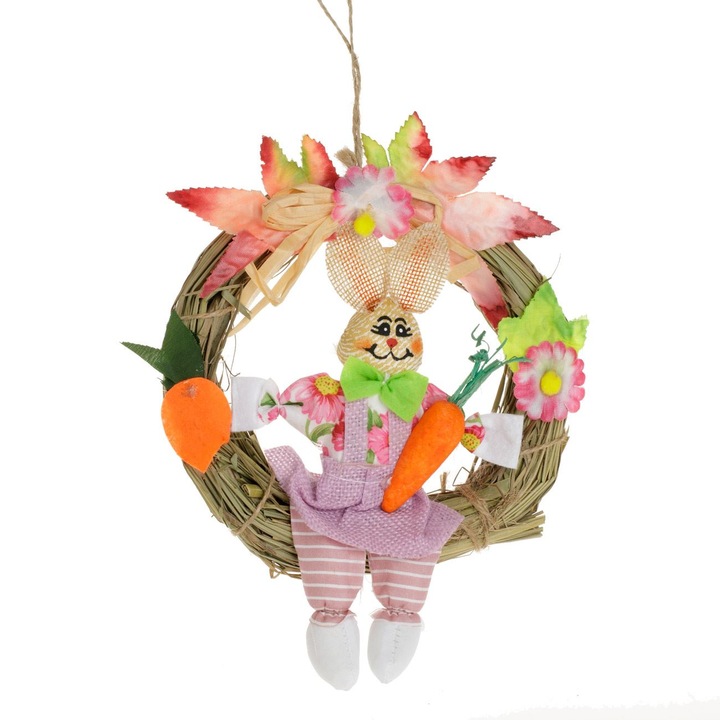 Coronita decorativa de Paste suspendabila Shopiens® cu iepuras cu rochie lila, morcov si flori colorate, 16 cm