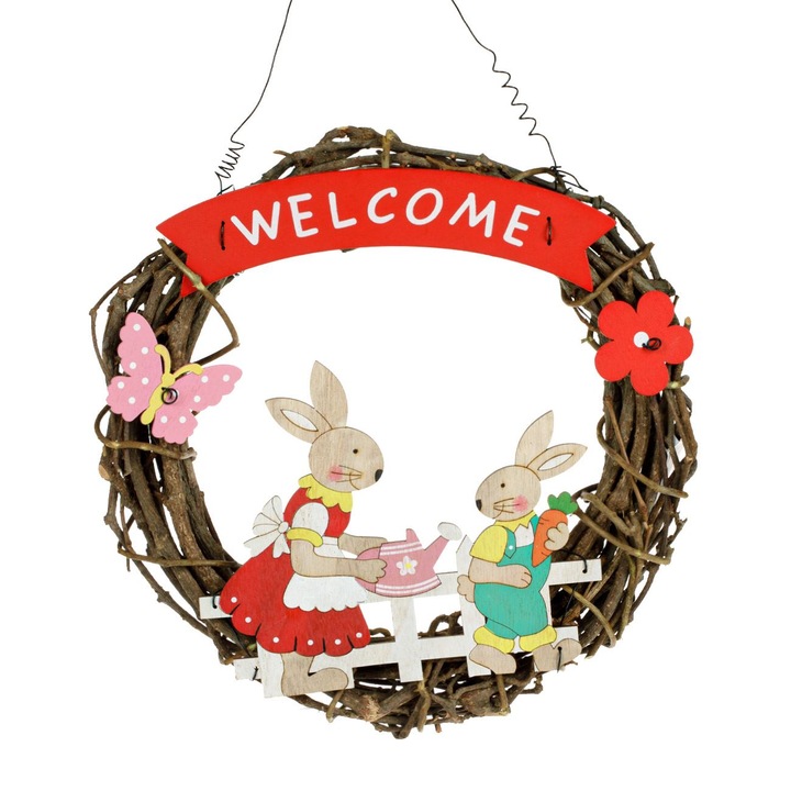 Coronita decorativa de Paste suspendata Shopiens® cu mesaj welcome, iepuri pe gard si fluturi, 28 cm