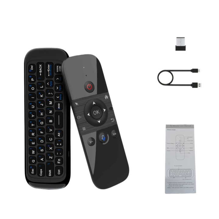 JESWO intelligens távirányító, Air Mouse, működési távolság 10 m, fekete, TV-hez/PC-hez/laptophoz