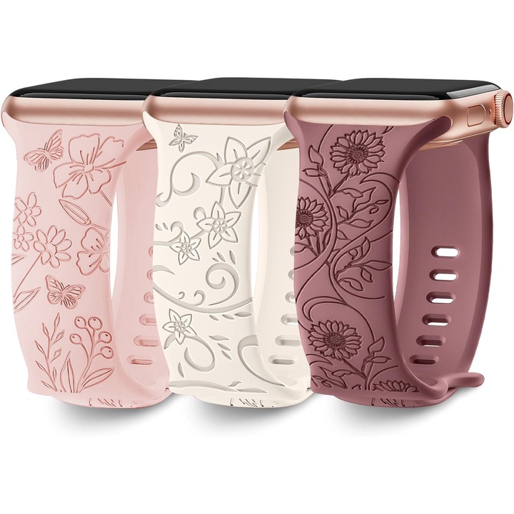 Set 3 curele Silicon compatibile Apple Watch 11 10 9 8 7 6 5 4 3 2 1, Display 38/40/41/42 mm, Gravat floral, MATCHEASY, Roz/Bej/Violet