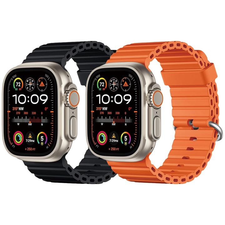 Set 2 curele silicon Ocean, pentru Apple Watch Ultra/11/10/9/8/7/6/5/4/3, Display 49/46/45/44/42 mm, MATCHEASY, Negru/Portocaliu