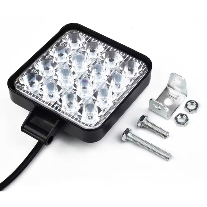 Proiector Auto din Aluminiu cu 16 LED-uri, Pentru Offroad Motostivuitor ATV Buggy, 48W, DC 9-30 V, 6500K, 3000 LM, Patrat 105x105 mm