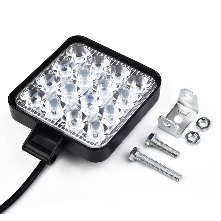 Proiector Auto (Set 2 buc) din Aluminiu cu 16 LED-uri, Pentru Offroad Motostivuitor ATV Buggy, 48W, DC 9-30 V, 6500K, 3000 LM, Patrat 105x105 mm