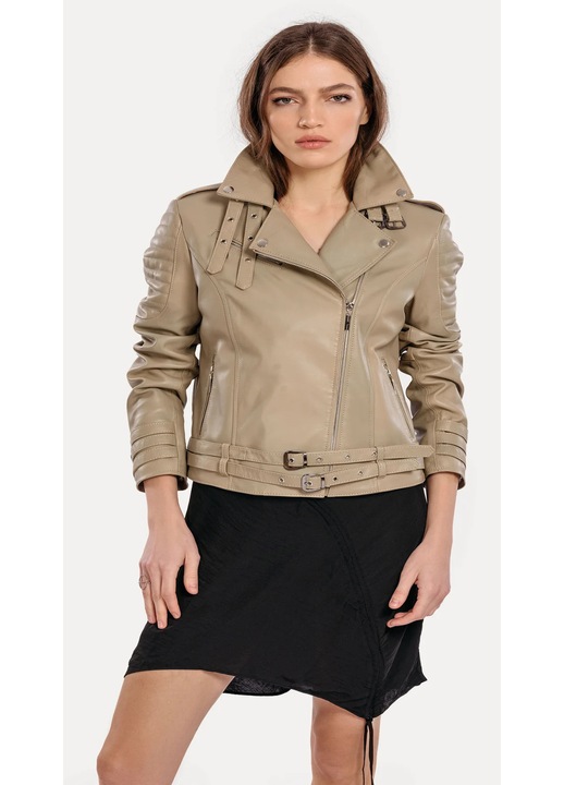 Geaca din piele naturala pentru femei, model Neo Biker, Crem