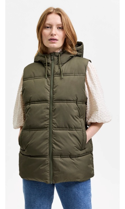 Puff mellény meleg bélésű anyagból Ujj nélküli cipzár SLFALINA, 36, Khaki