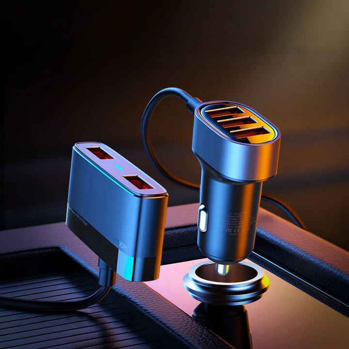 Incarcator auto Joyroom JR-CL03, 5 Porturi USB, Fast Charge 6.2A, Lungime cablu 1.5m, Negru