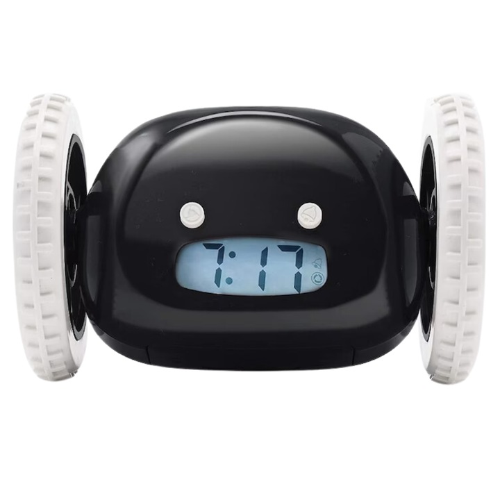 Intelligens ébresztőóra, kompakt, hordozható, műanyag, kerekekkel, fut, gurul és zajt ad, felébreszt mély alvásból, erős ébresztő, fekete
