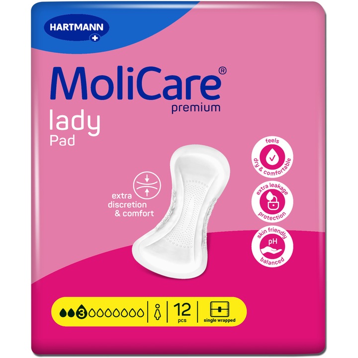 Tampoane pentru incontinenta usoara la femei MoliCare Premium Lady Pad 3 picaturi, 12 bucati, Hartmann