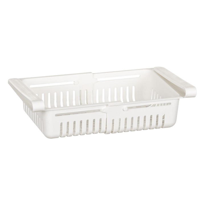 Cos de depozitare extensibil pentru frigider Shopiens® din plastic perforat, de culoare alba, 19.5 x 16 x 8 cm