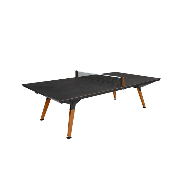 Masa de tenis pliabila 2in1 Cornilleau, Origin, pentru exterior, 274 x 167​​​​​​​ cm, poate fi folosita si ca masa de dining, finisaj piatra, rama din otel inoxidabil, picioare din lemn solid, design modern, 2 palete si mingi incluse, negru
