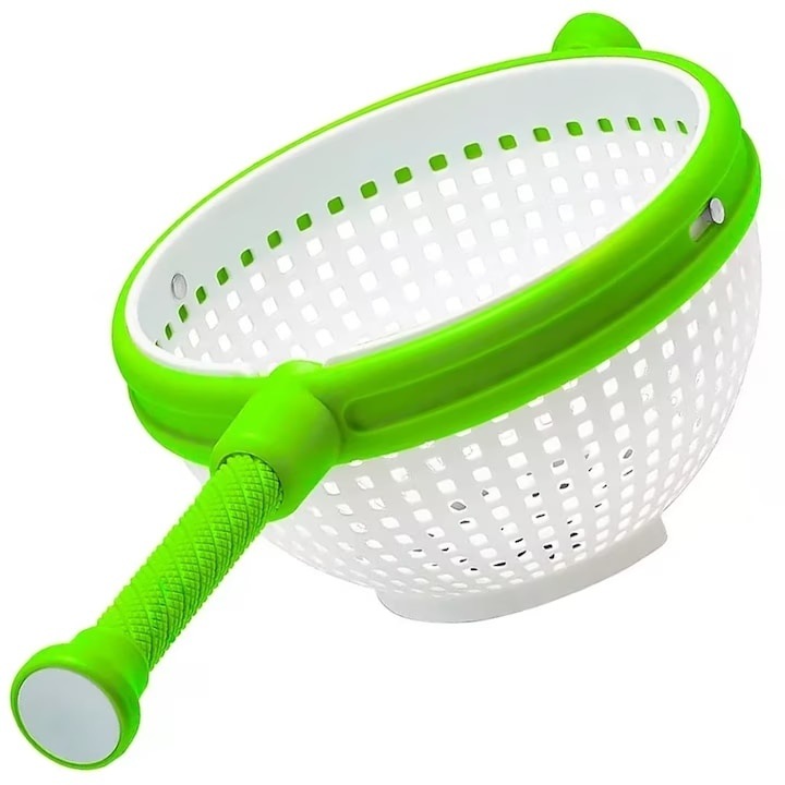 Strecuratoare rotativa multifunctionala, pentru uscat salata, cu maner extensibil si sistem de centrifugare, din plastic rezistent, alb/verde