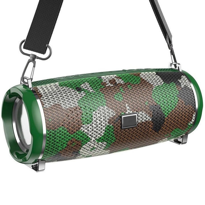 Boxa portabila Wireless, BT V5.0, autonomie 6h, 10W, policarbonat, 194.4 x 81x 82mm, 2400mAh, cu bareta umar, Stereo, Waterproof, model camuflaj, Verde