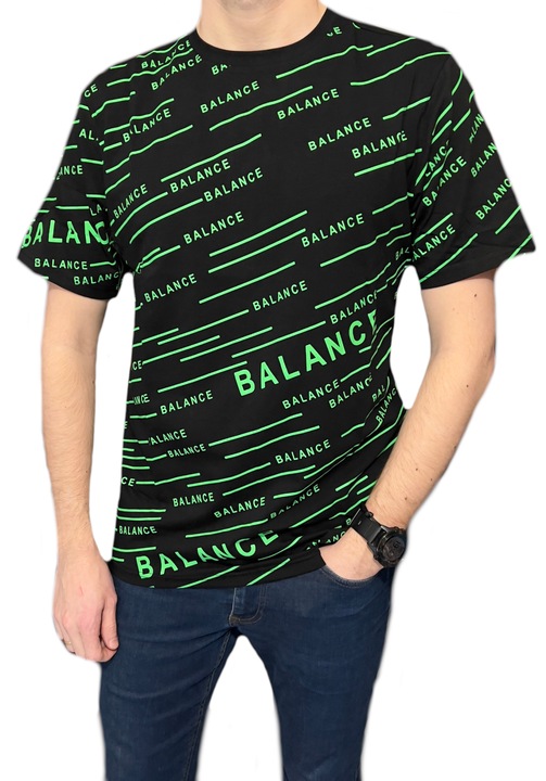 Férfi fekete póló, kerek nyakú, zöld felirattal, M INTL