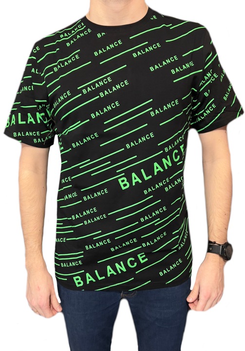 Férfi fekete póló, kerek nyakú, zöld felirattal, L INTL