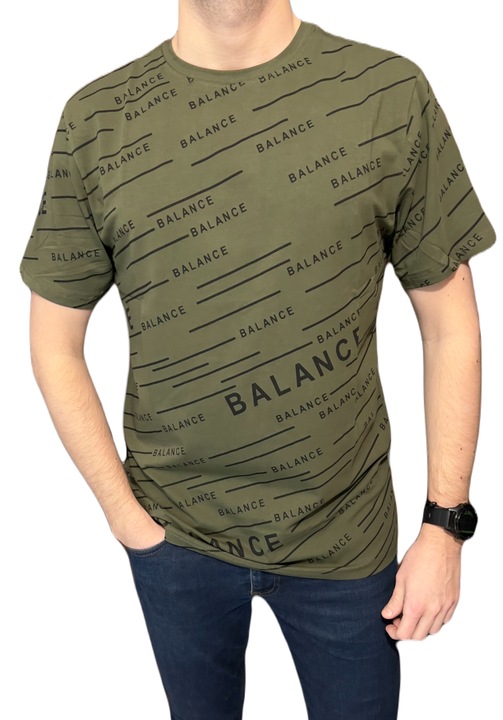 Férfi khaki színű póló, kerek nyakú, fekete felirattal, L INTL