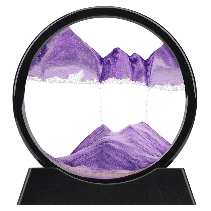 Obiect decorativ pentru birou cu efect 3D din nisip, Hggzeg, Masa rotativa la 360°, Cu baza din plastic, Sticla/Nisip, 18x19cm, Violet