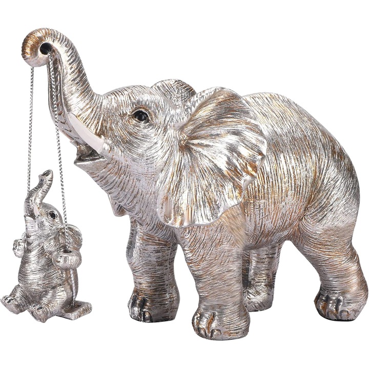Statueta 2 elefanti Feng Shui mama si copilul, Hggzeg, Norocul, Intelepciunea, Sanatatea si loialitatea, Rezistent la apa si durabil, Pentru casa, birou, magazin si alte locuri, Rasina, 16*8*14.5 cm, Argintiu