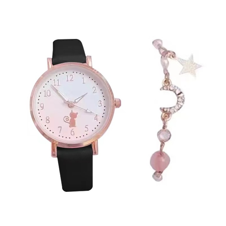 Set ceas/bratara copii, Rezistent la apa, Piele ecologica