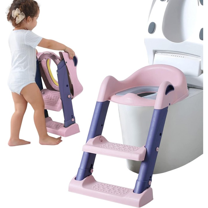 Reductor de Toaleta pentru Copii, Multifunctional KiddoMAX® cu Doua Scari Reglabile, Perna Confortabila, Design Anti-Stropire, Baza Antiderapanta, Inaltime Reglabila, Pliabil, Lavabil, Spatar si Manere, Compatibilitate Universala, Baby Pink