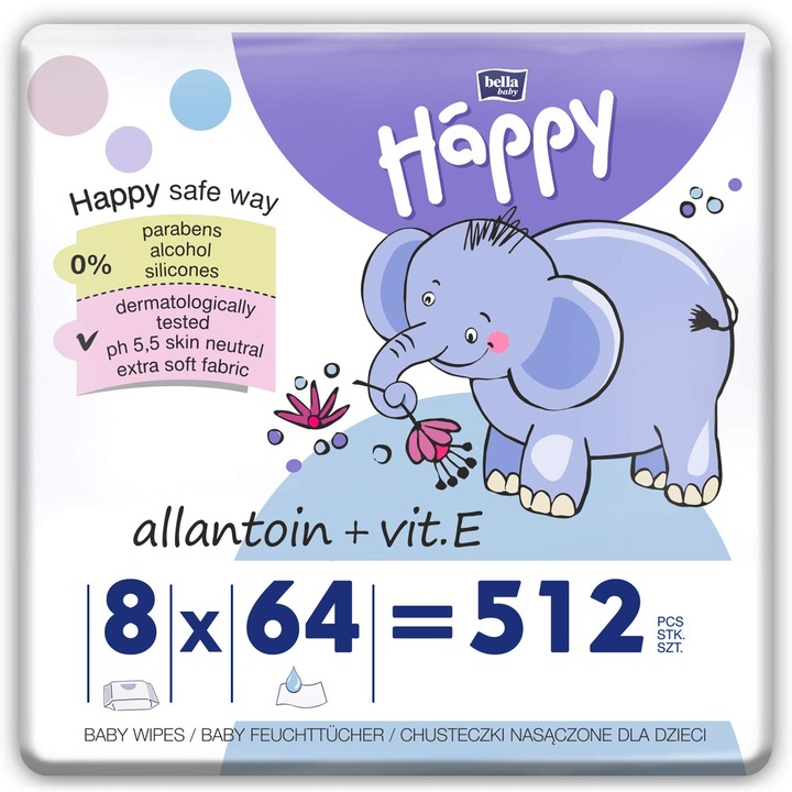 Set 8x64 Servetele Umede Happy, Lotiune imbogatita cu Vitamina E si Alantoina, Testate Dermatologic, 512 buc / Bax