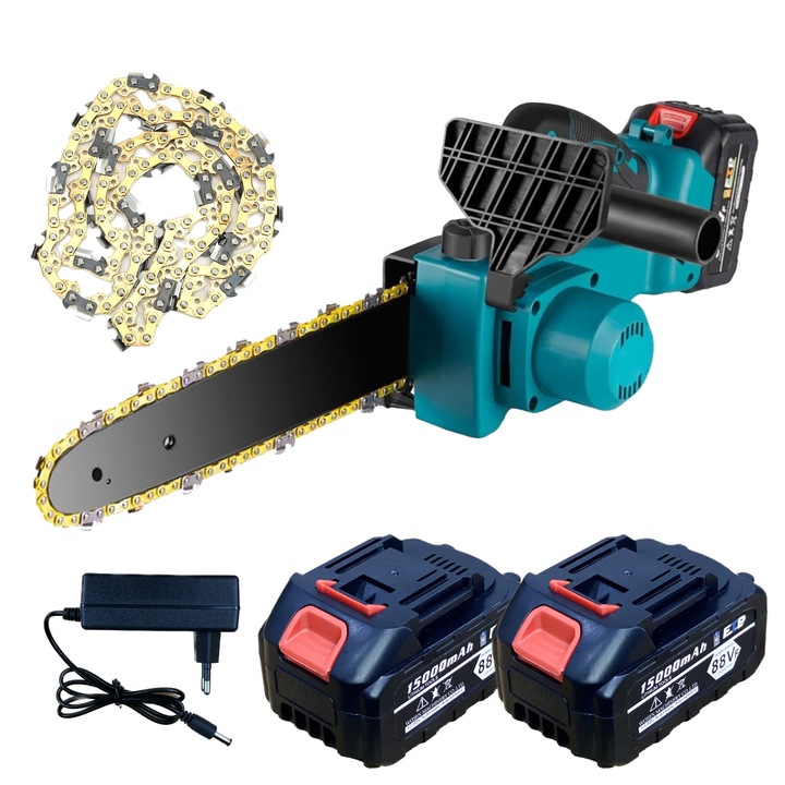 Mini fierastrau cu 2 acumulatori, motor Brushless, ungere lant automata, lama si lant de 12 inch