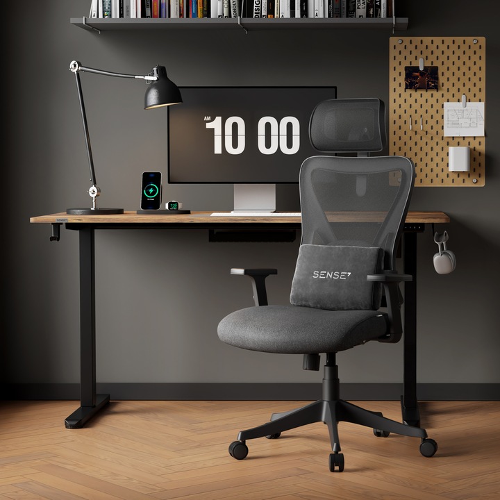 Scaun de Birou SENSE7 Tone, Ergonomic Mesh, Greutate maxima: 130 kg, cu suport lombar (perna), cu tetiera reglabila, cu spatar reglabil (unghi 90-120°), rotativ, cu mecanism de blocare, cu cotiere reglabile, Negru