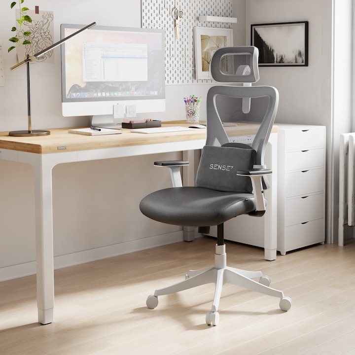 Scaun de Birou SENSE7 Tone, Ergonomic Mesh, Greutate maxima: 130 kg, cu suport lombar (perna), cu tetiera reglabila, cu spatar reglabil (unghi 90-120°), rotativ, cu mecanism de blocare, cu cotiere reglabile, Gri