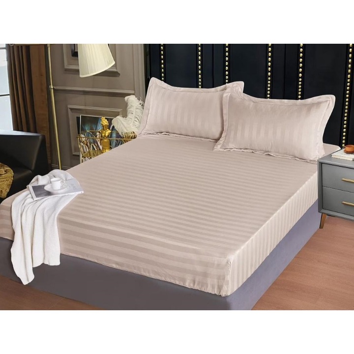 Husa de pat cu 2 fete de perna, Primavara, Damasc, Uni, 160x200cm, Cafea cu Lapte