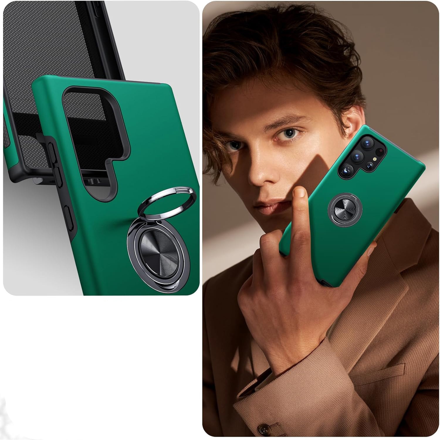 Husa pentru Samsung Galaxy S24 ULTRA, inel rotativ si Kickstand 360°, Protectie Militara Antisoc, cu disipare termica, Verde