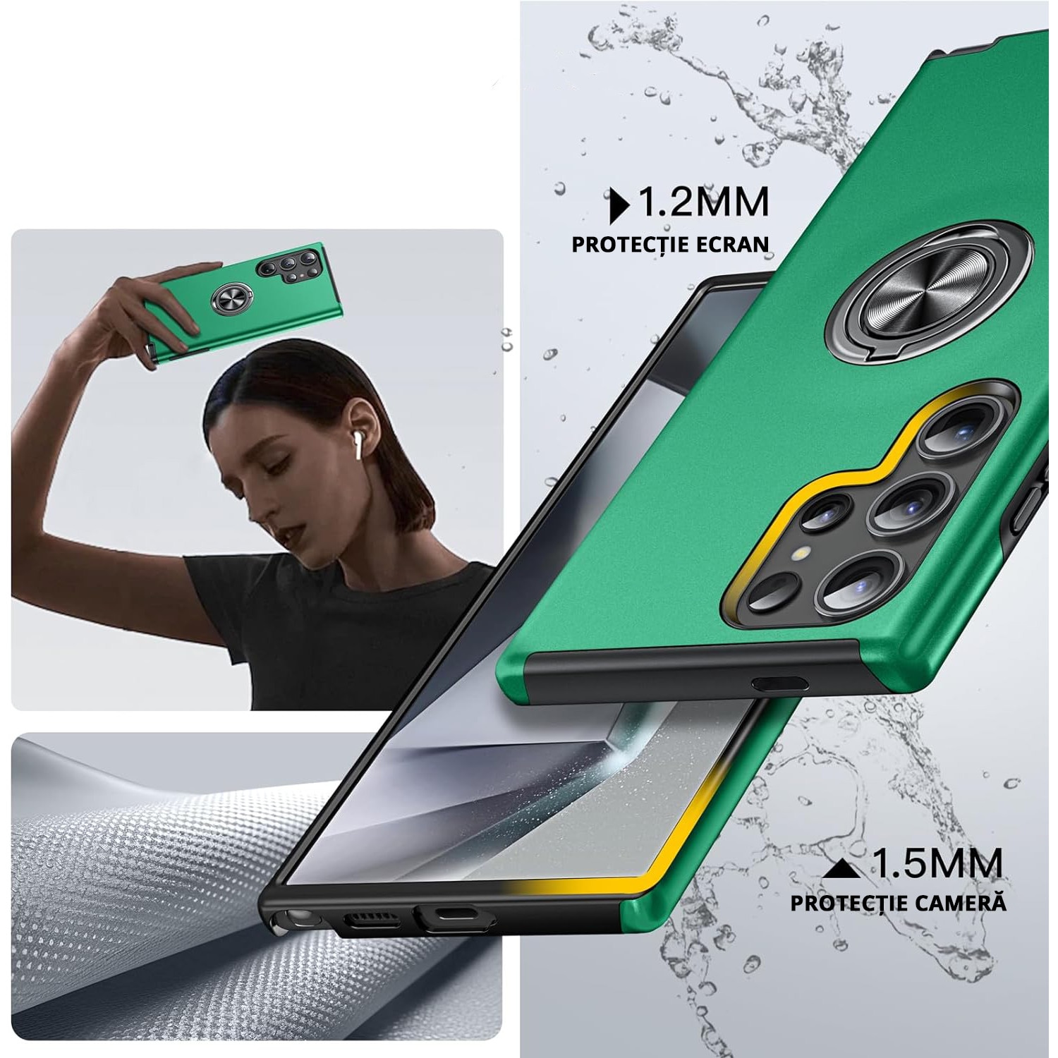 Husa pentru Samsung Galaxy S24 ULTRA, inel rotativ si Kickstand 360°, Protectie Militara Antisoc, cu disipare termica, Verde