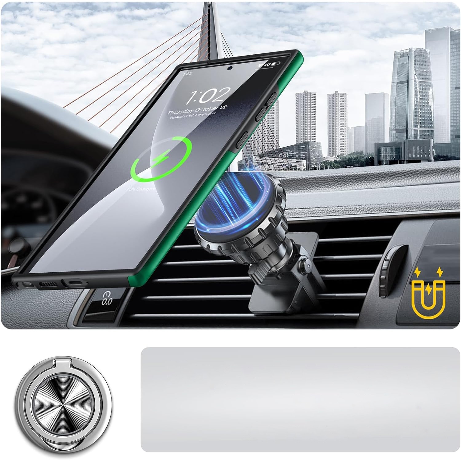 Husa pentru Samsung Galaxy S24 ULTRA, inel rotativ si Kickstand 360°, Protectie Militara Antisoc, cu disipare termica, Verde