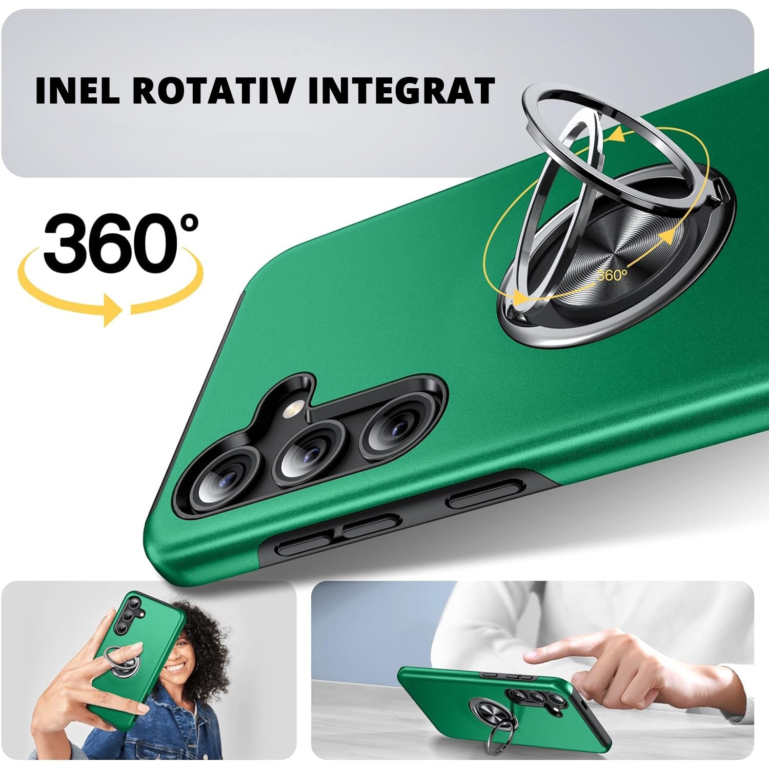 Husa pentru Samsung Galaxy S24, inel rotativ si Kickstand 360°, Protectie Militara Antisoc, cu disipare termica, Verde