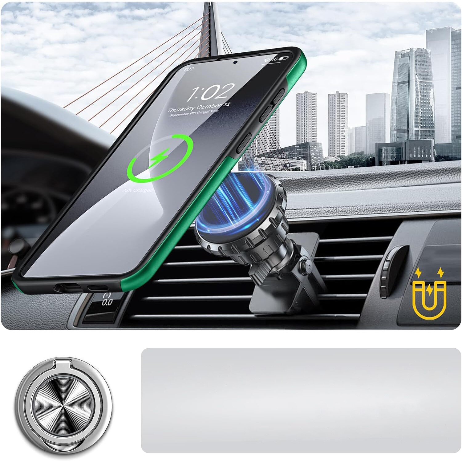 Husa pentru Samsung Galaxy S24, inel rotativ si Kickstand 360°, Protectie Militara Antisoc, cu disipare termica, Verde