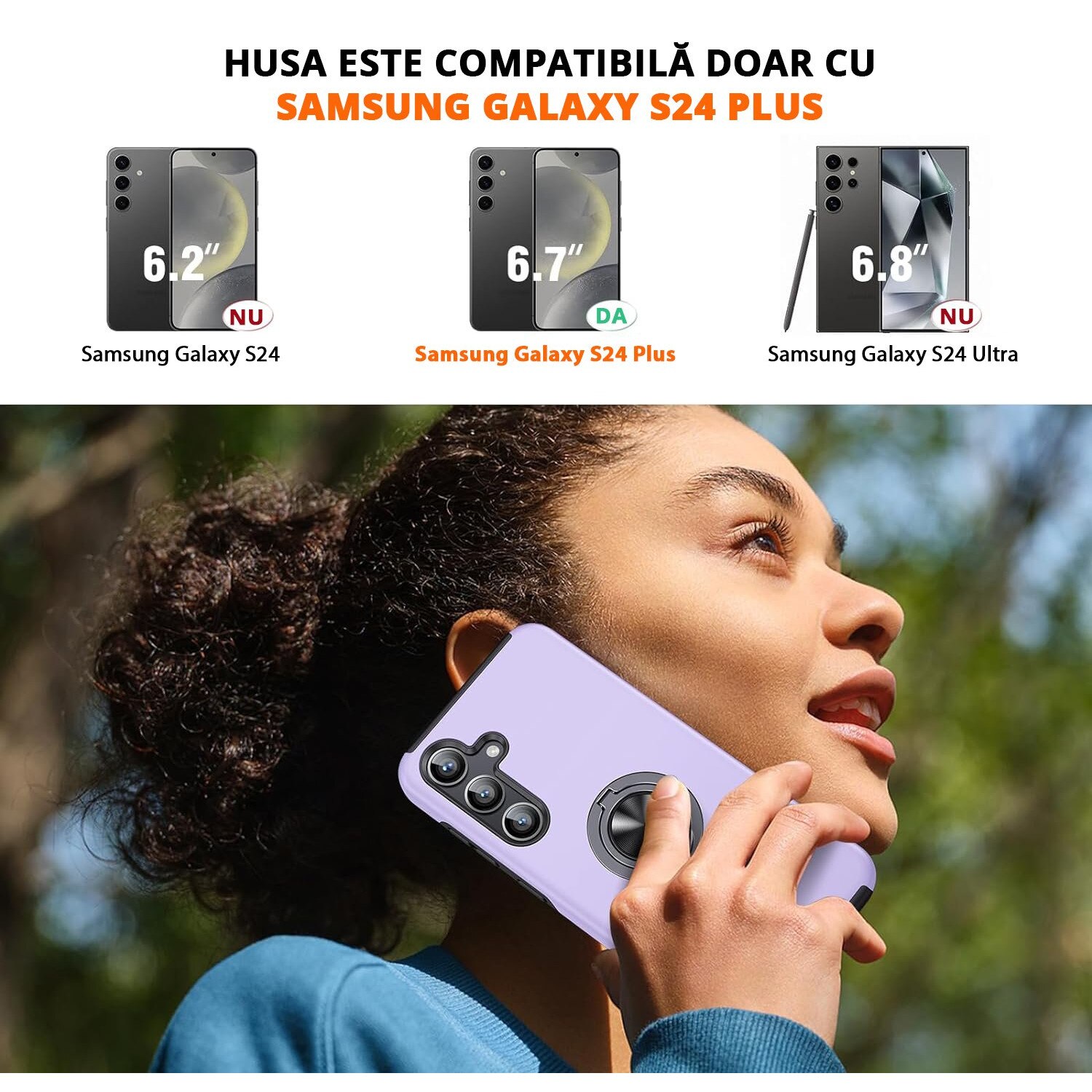 Husa pentru Samsung Galaxy S24 PLUS, inel rotativ si Kickstand 360°, Protectie Militara Antisoc, cu disipare termica, Purple