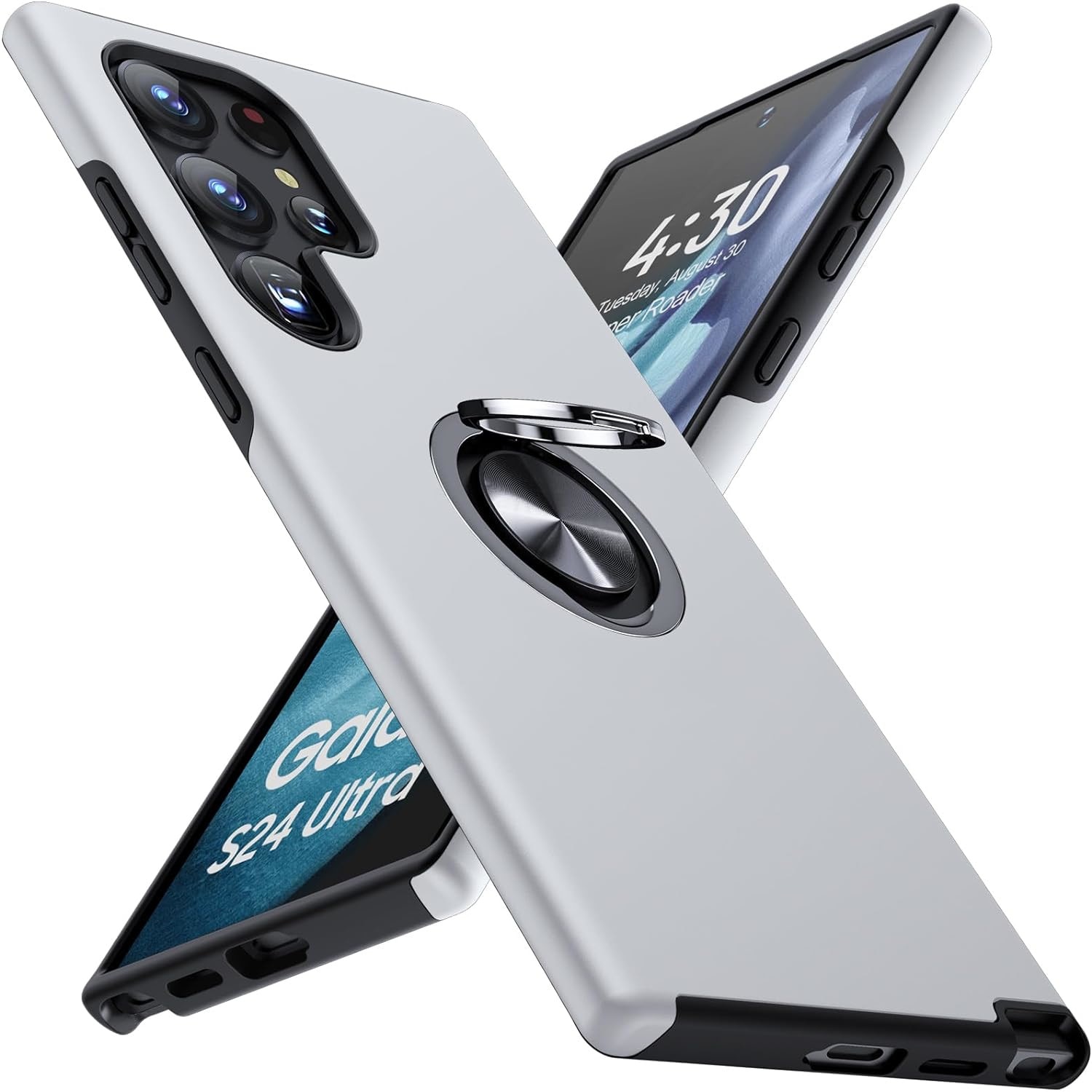 Husa pentru Samsung Galaxy S24 ULTRA, inel rotativ si Kickstand 360°, Protectie Militara Antisoc, cu disipare termica, Silver