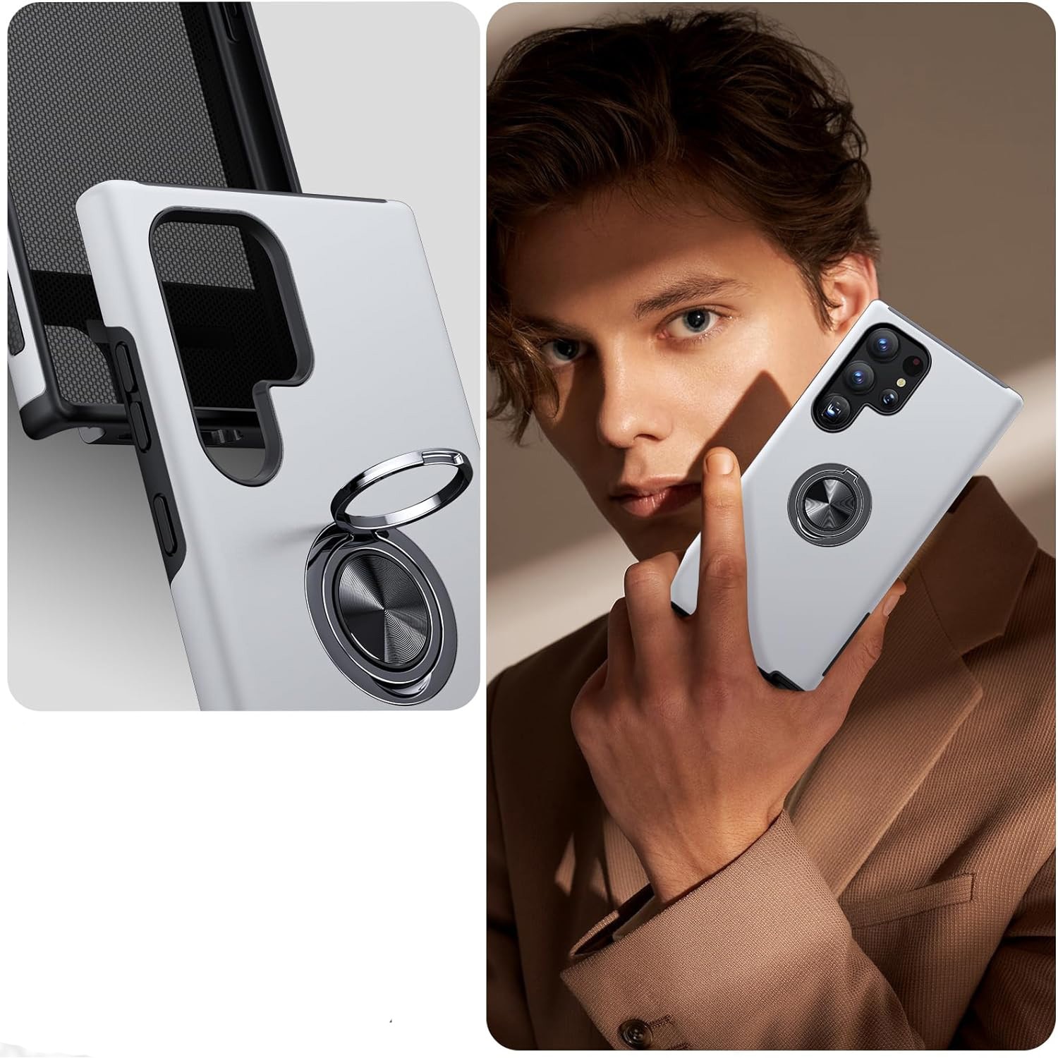 Husa pentru Samsung Galaxy S24 ULTRA, inel rotativ si Kickstand 360°, Protectie Militara Antisoc, cu disipare termica, Silver