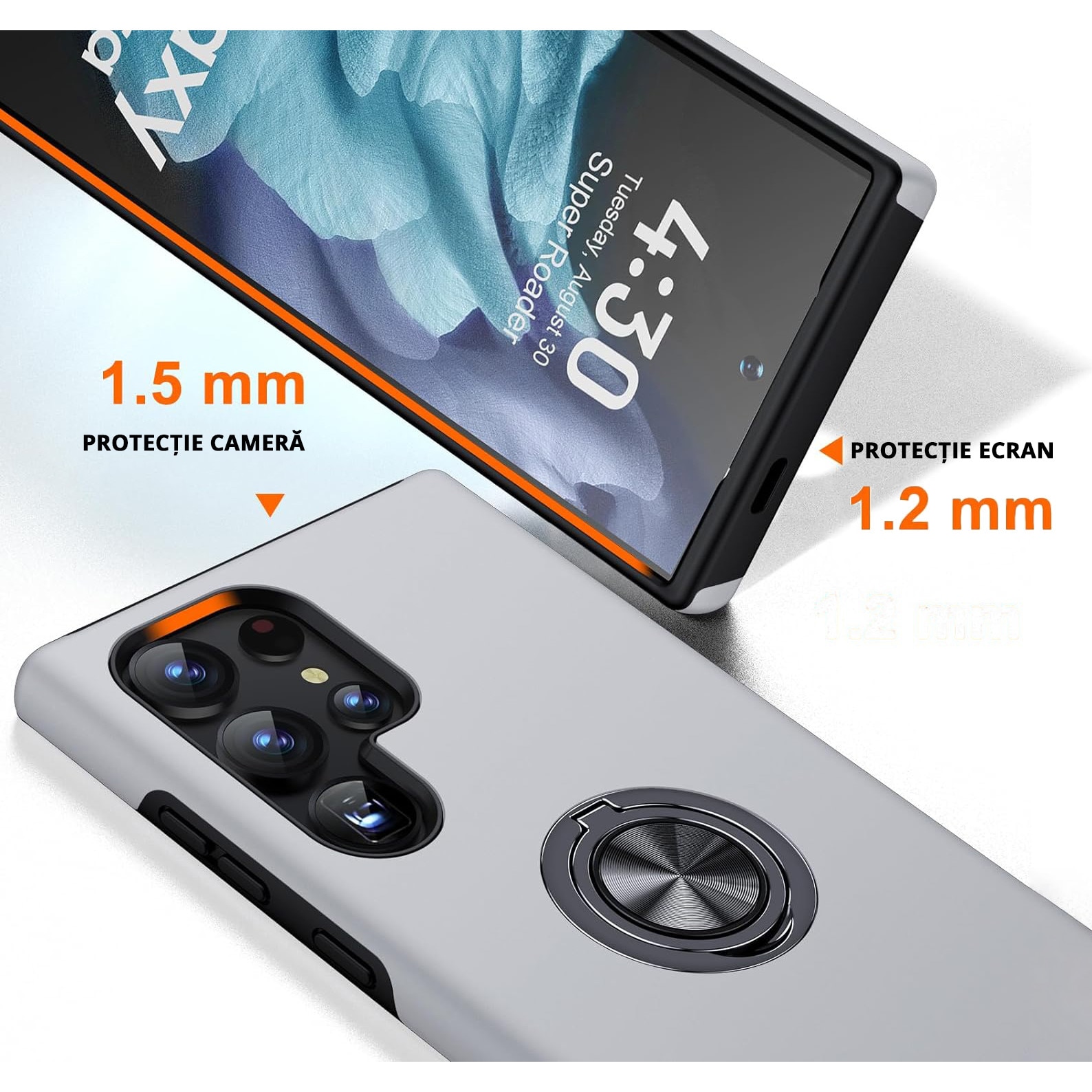 Husa pentru Samsung Galaxy S24 ULTRA, inel rotativ si Kickstand 360°, Protectie Militara Antisoc, cu disipare termica, Silver