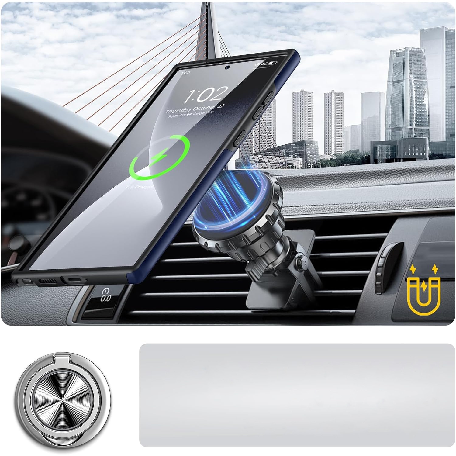 Husa pentru Samsung Galaxy S24 ULTRA, inel rotativ si Kickstand 360°, Protectie Militara Antisoc, cu disipare termica, Blue