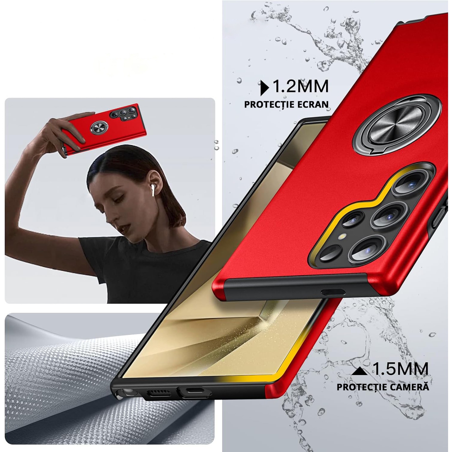 Husa pentru Samsung Galaxy S24 Ultra, MobileSmart, Hibrid Antisoc, Inel Rotativ 360° Magnetic pentru Suport Auto, Rosu