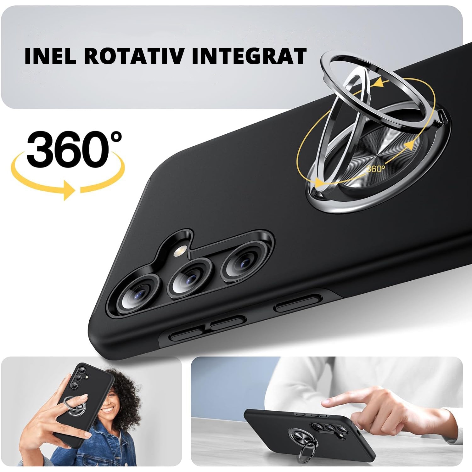 Husa pentru Samsung Galaxy S24, inel rotativ si Kickstand 360°, Protectie Militara Antisoc, cu disipare termica, Negru