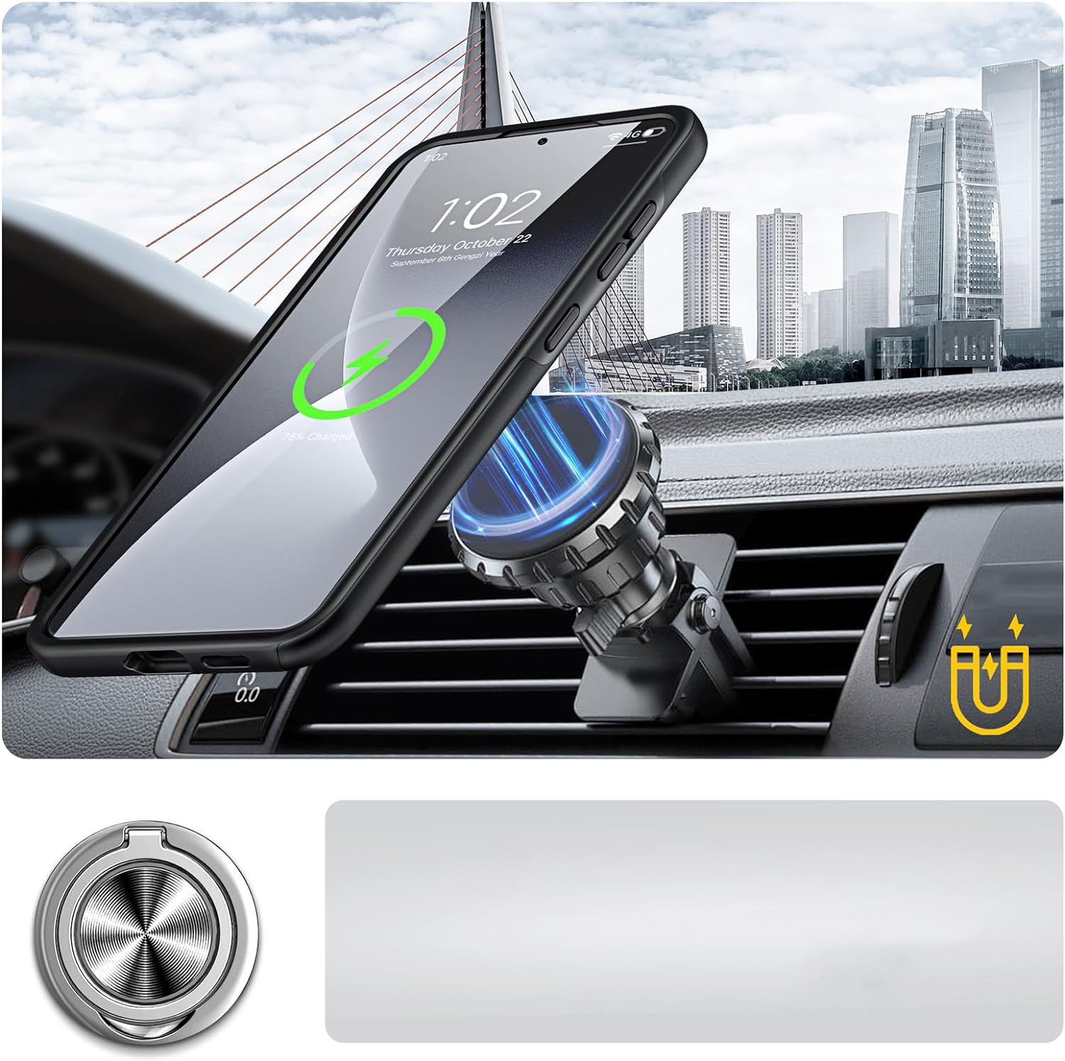 Husa pentru Samsung Galaxy S24, MobileSmart, Hibrid Antisoc, Inel Rotativ 360° Magnetic pentru Suport Auto, Negru