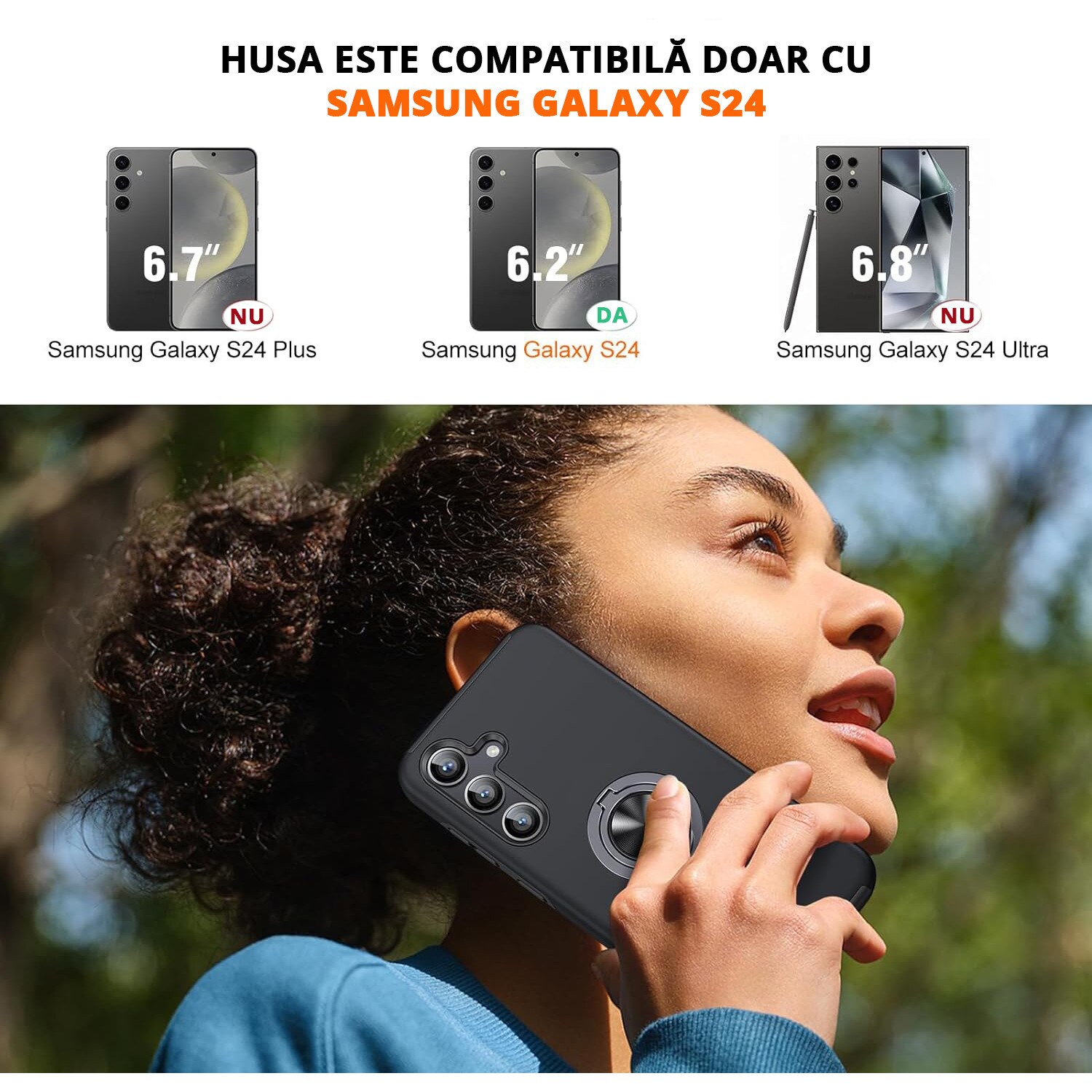 Husa pentru Samsung Galaxy S24, MobileSmart, Hibrid Antisoc, Inel Rotativ 360° Magnetic pentru Suport Auto, Negru