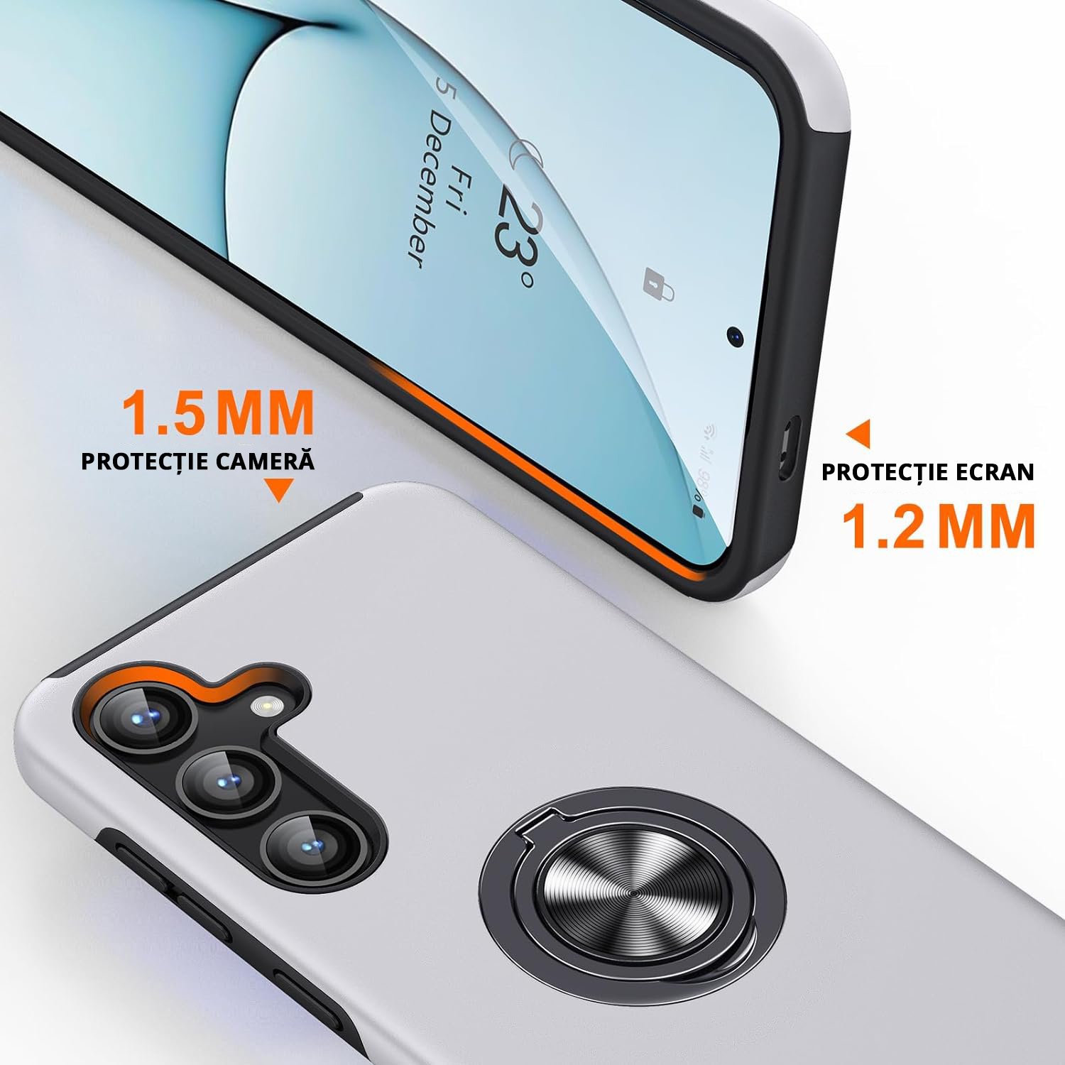 Husa pentru Samsung Galaxy S24 PLUS, inel rotativ si Kickstand 360°, Protectie Militara Antisoc, cu disipare termica, Silver
