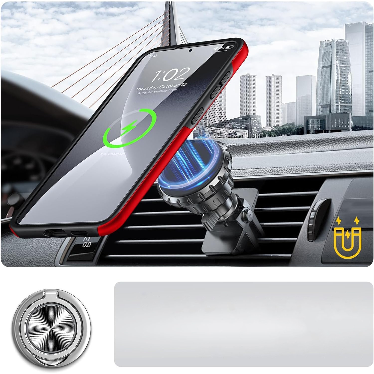 Husa pentru Samsung Galaxy S24 PLUS, inel rotativ si Kickstand 360°, Protectie Militara Antisoc, cu disipare termica, Rosu