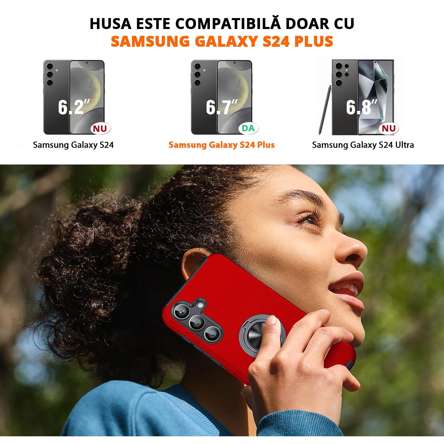 Husa pentru Samsung Galaxy S24 PLUS, inel rotativ si Kickstand 360°, Protectie Militara Antisoc, cu disipare termica, Rosu