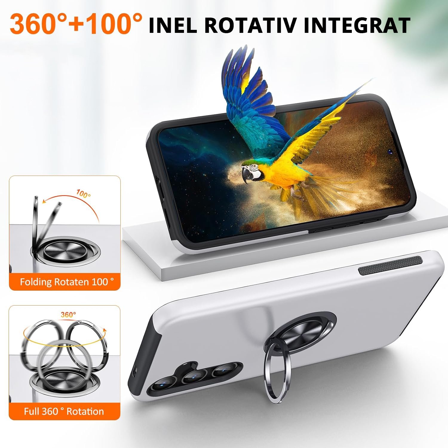 Husa pentru Samsung Galaxy S24 PLUS, inel rotativ si Kickstand 360°, Protectie Militara Antisoc, cu disipare termica, Silver